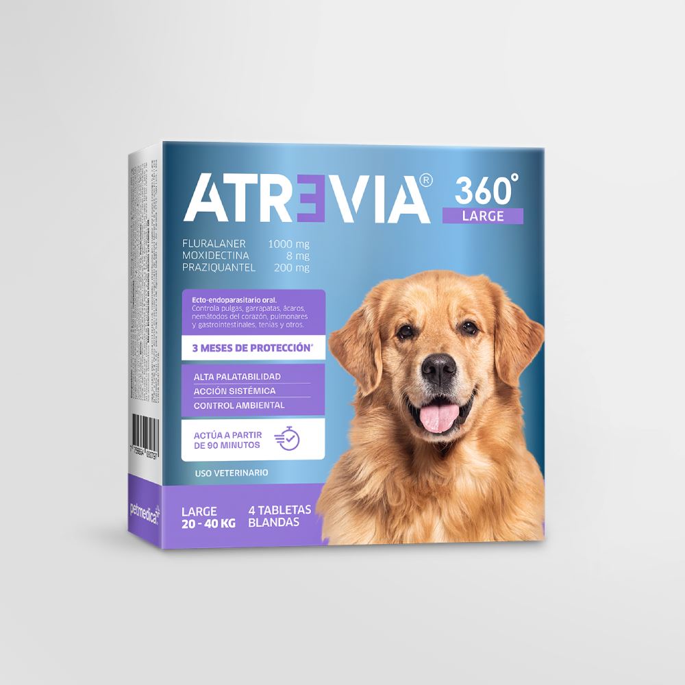 ANTIPULGAS Y ANTIPARASITARIO PARA PERROS ATREVIA® 360 LARGE- CJA 4 TABLETAS (20 – 40KG)